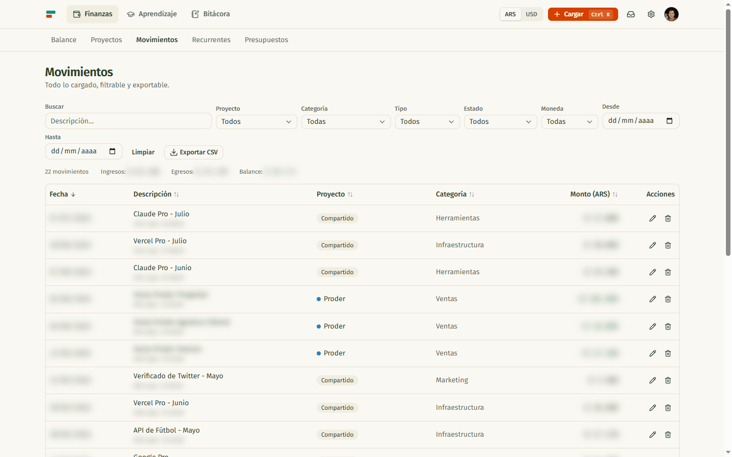 Movimientos — tabla filtrable y exportable a CSV (importes y clientes difuminados)