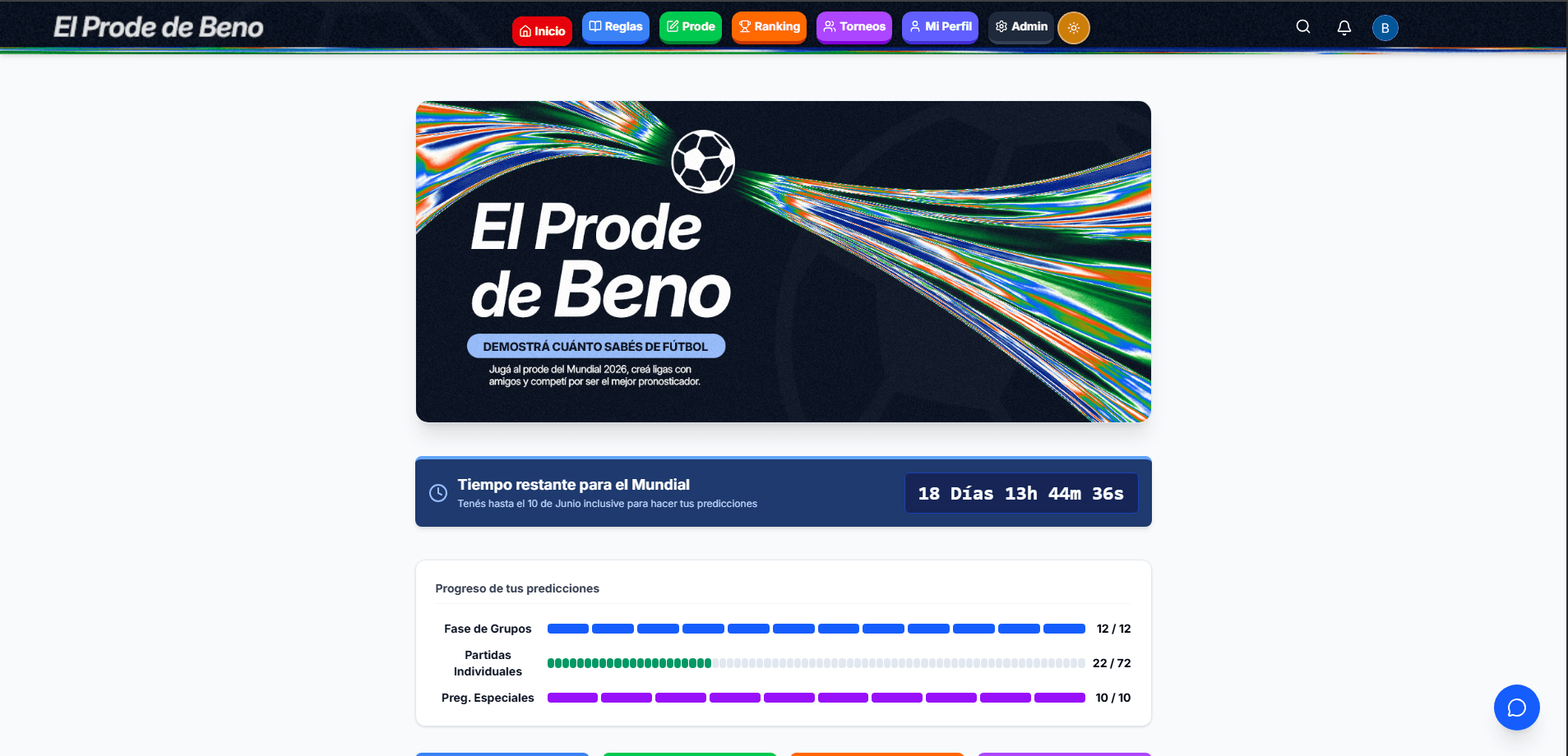 Dashboard — countdown al Mundial y progreso de predicciones
