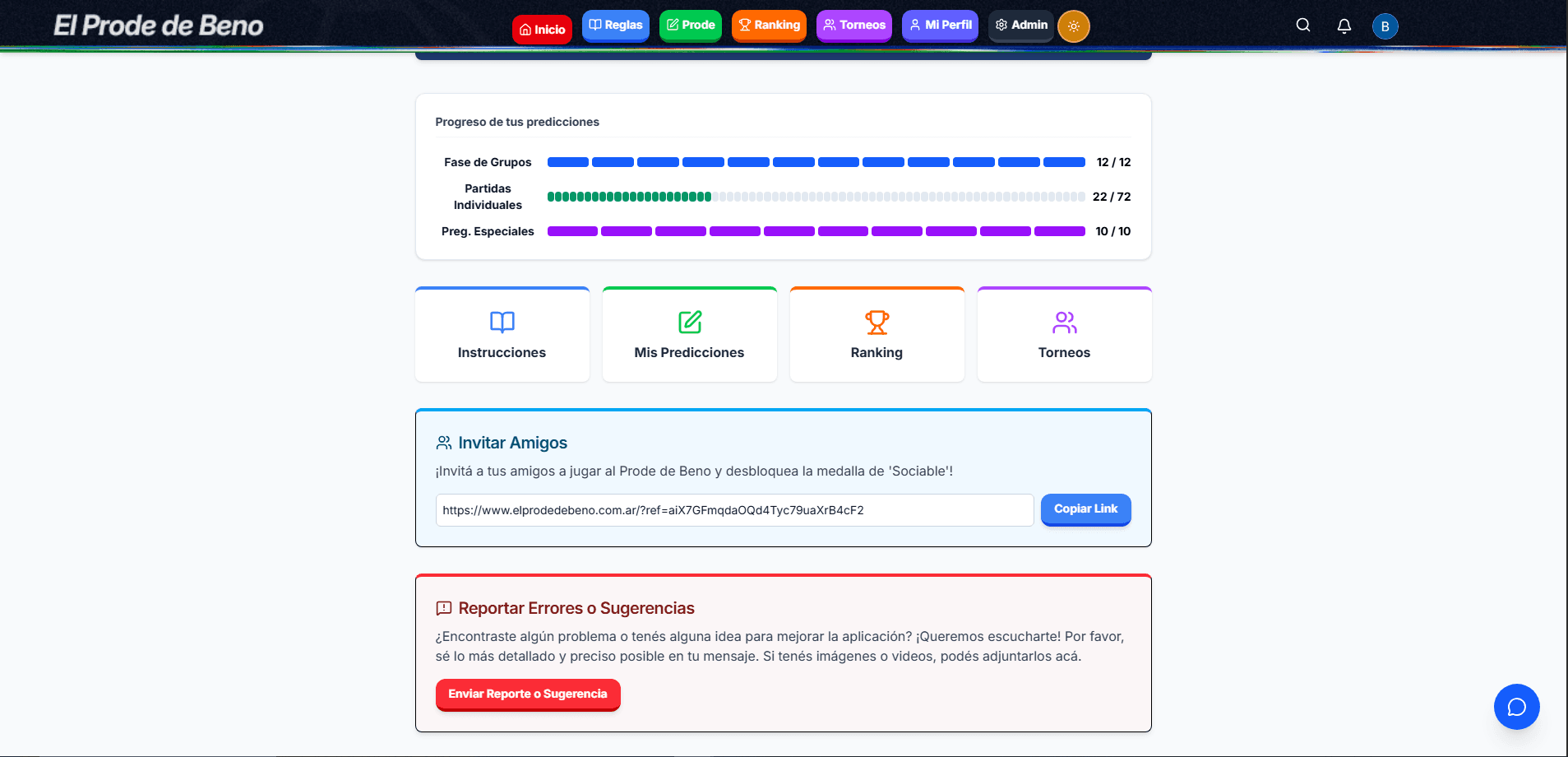 Dashboard — invitar amigos y reportar sugerencias