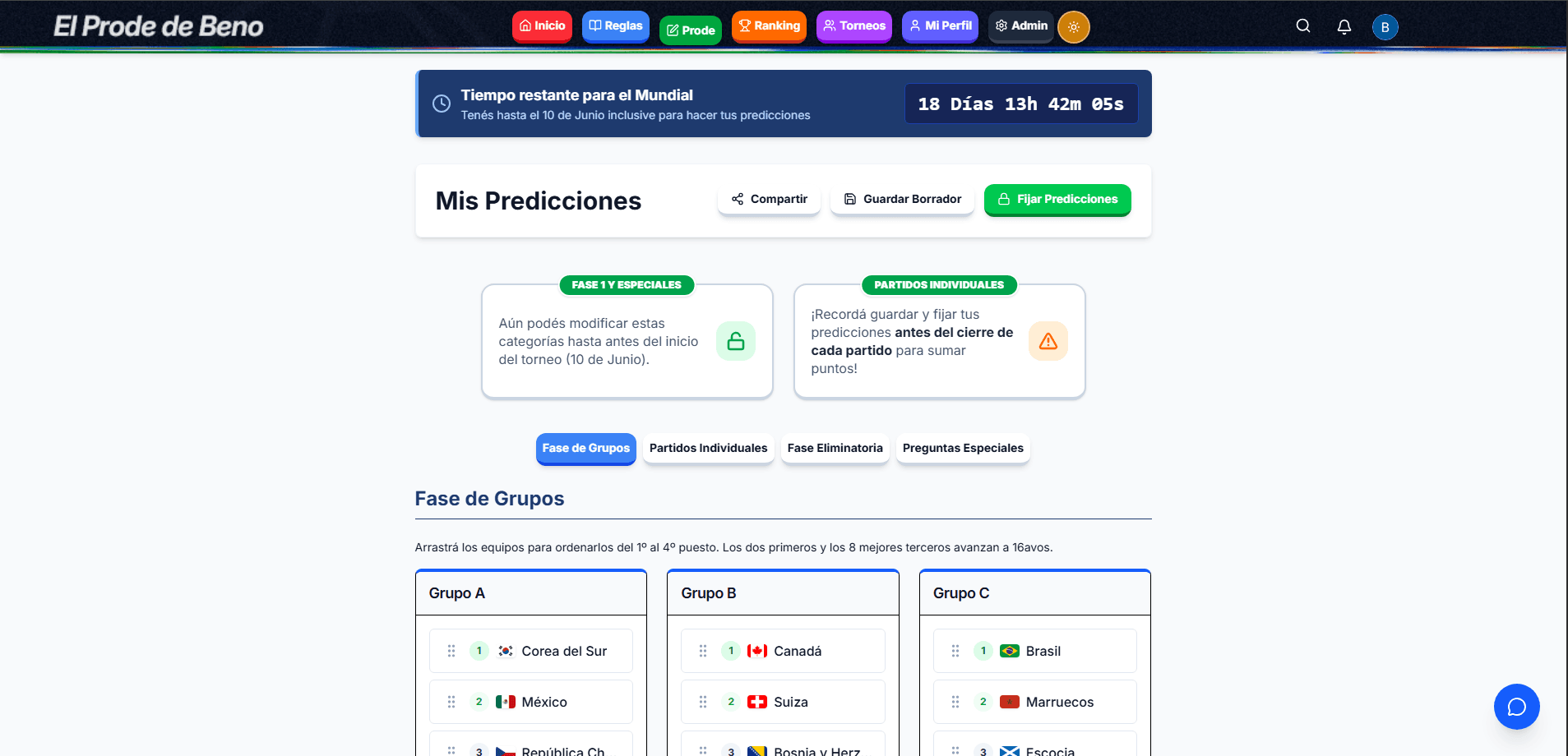 Predicciones — elegí los clasificados de cada grupo