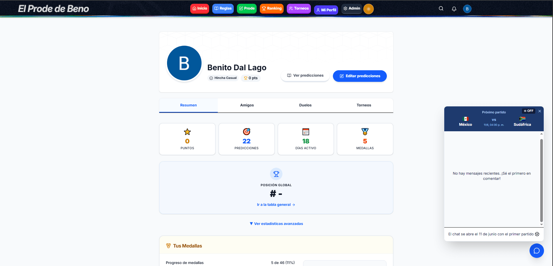 Perfil — tus estadísticas, medallas e historial de predicciones
