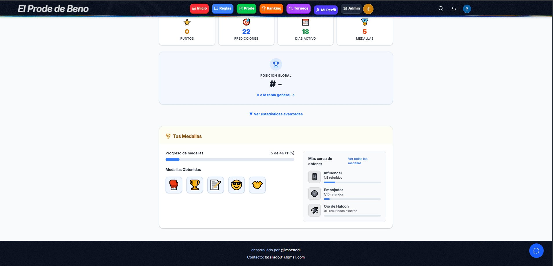 Perfil — colección de medallas y estadísticas avanzadas
