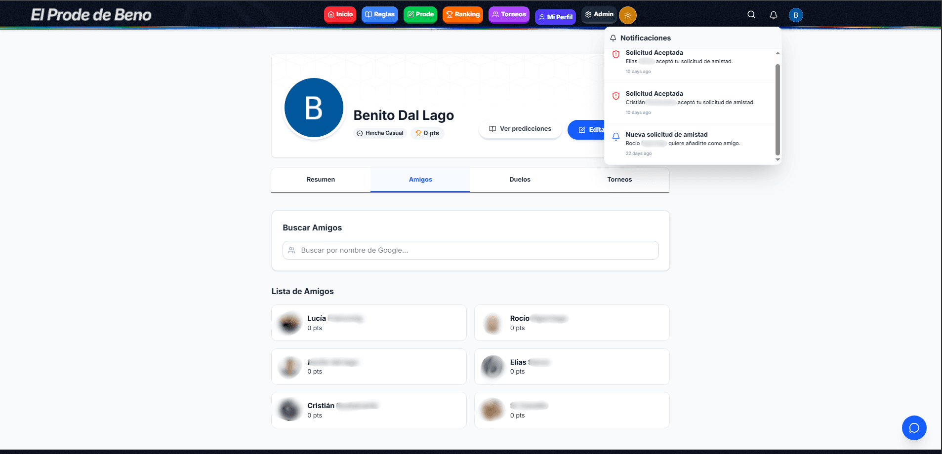 Perfil — amigos, solicitudes y notificaciones