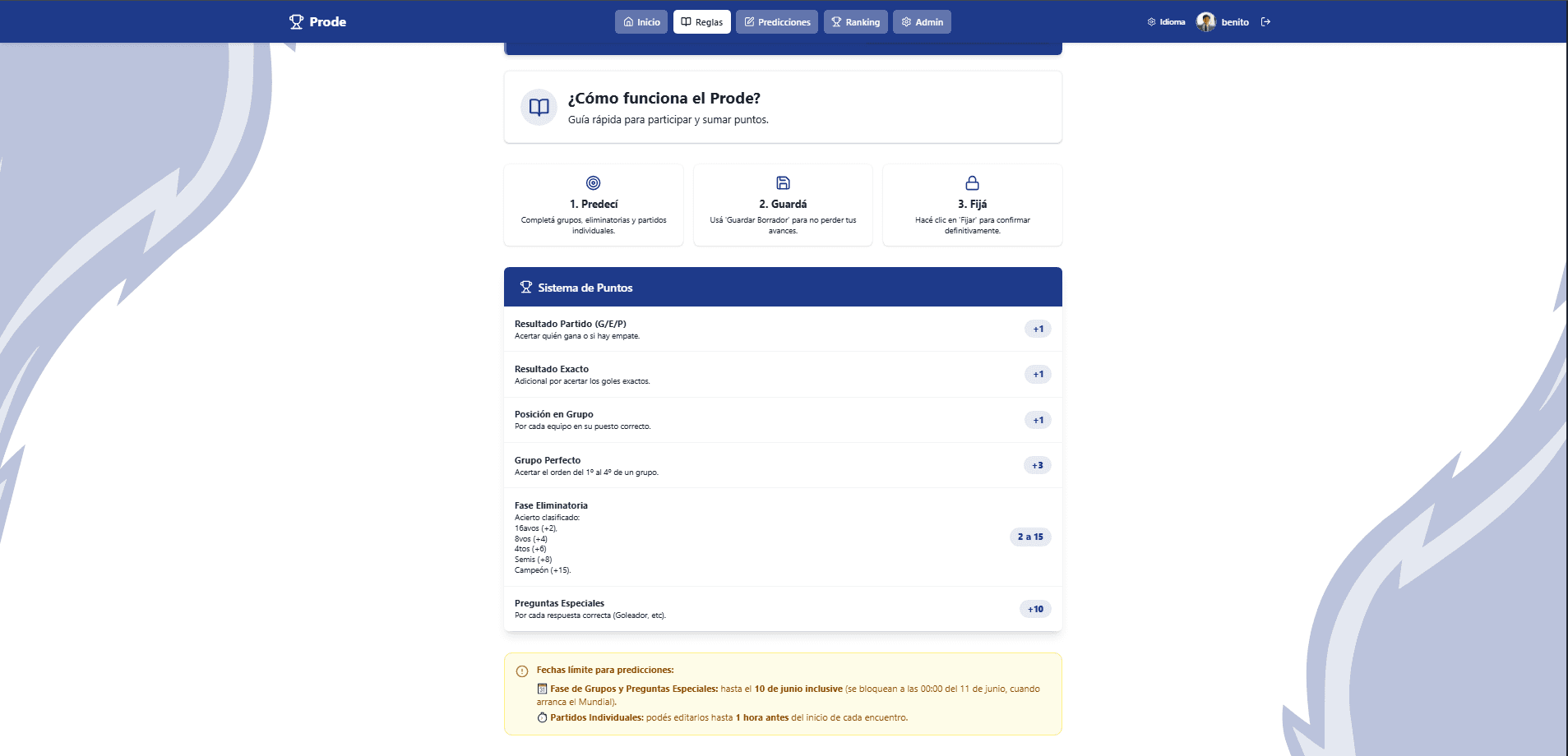 Reglas — sistema de puntos detallado con fechas límite