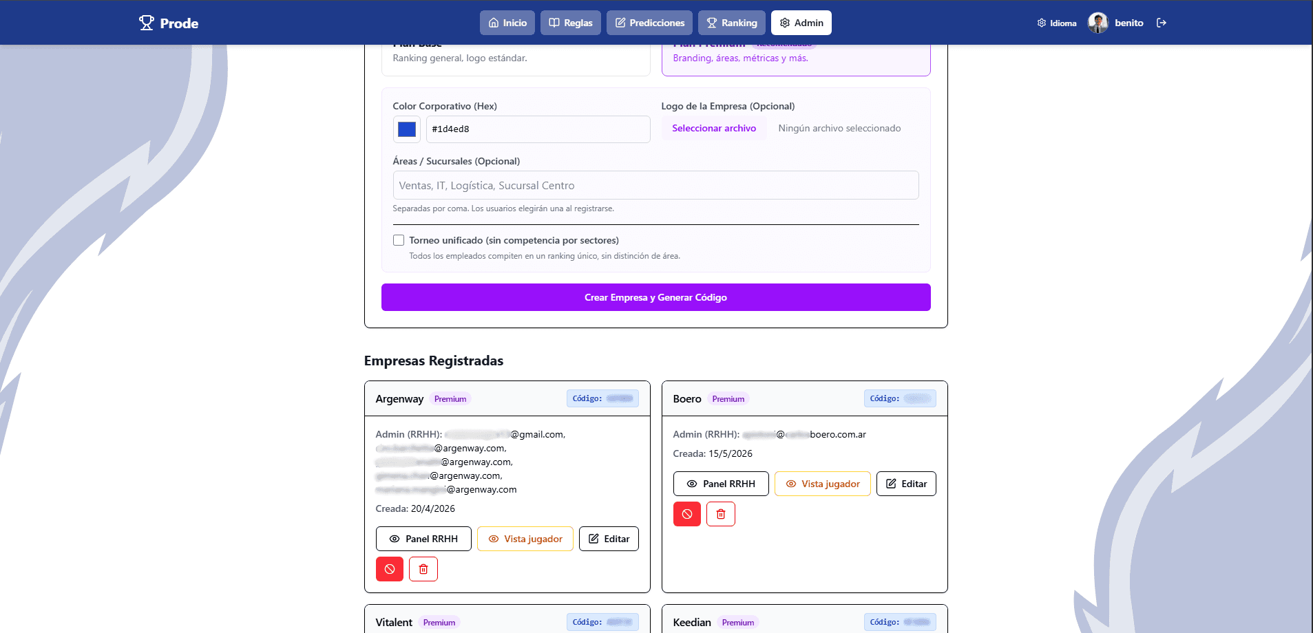 Admin — empresas registradas con acceso al panel de RRHH