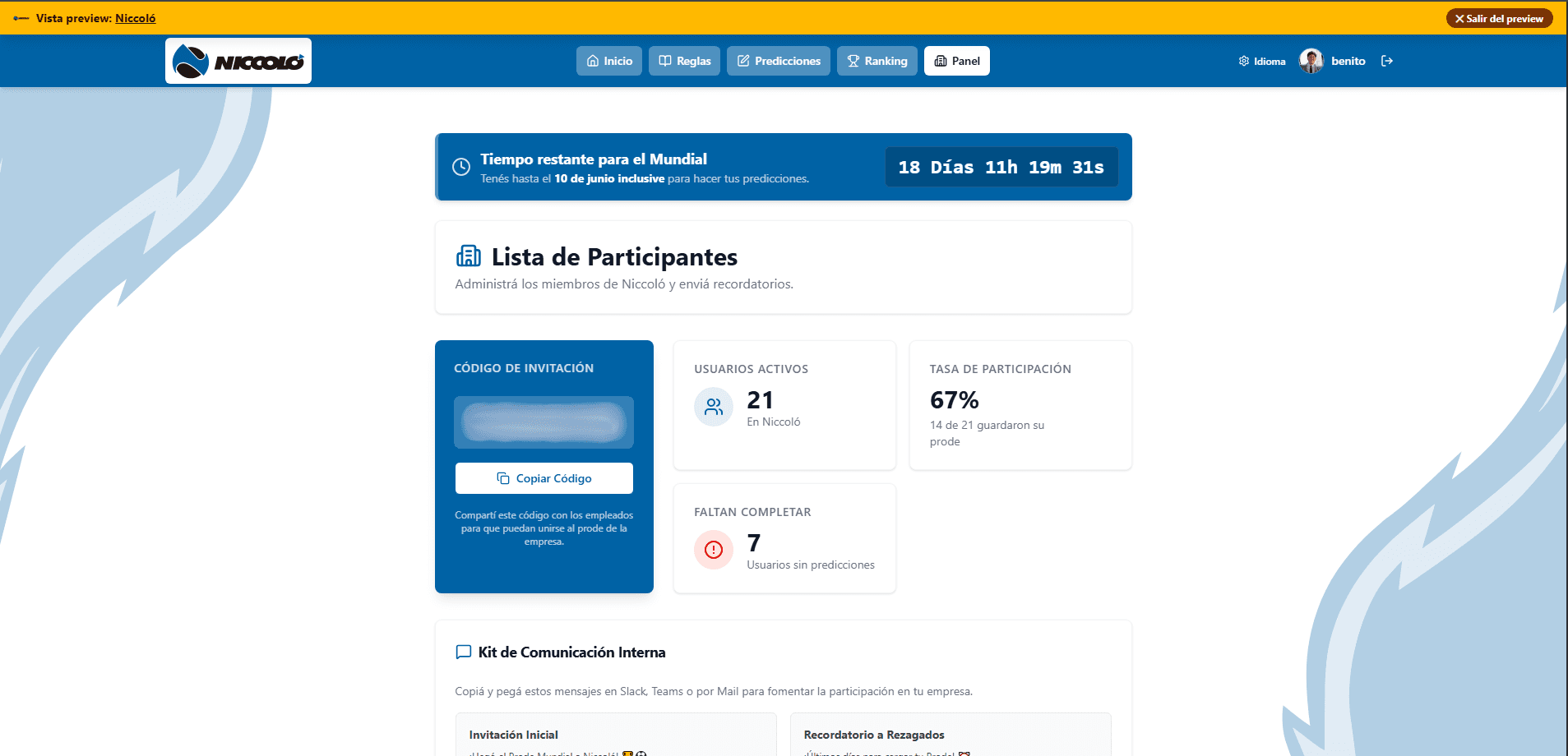 Panel de RRHH — código de invitación, métricas de participación y kit de comunicación